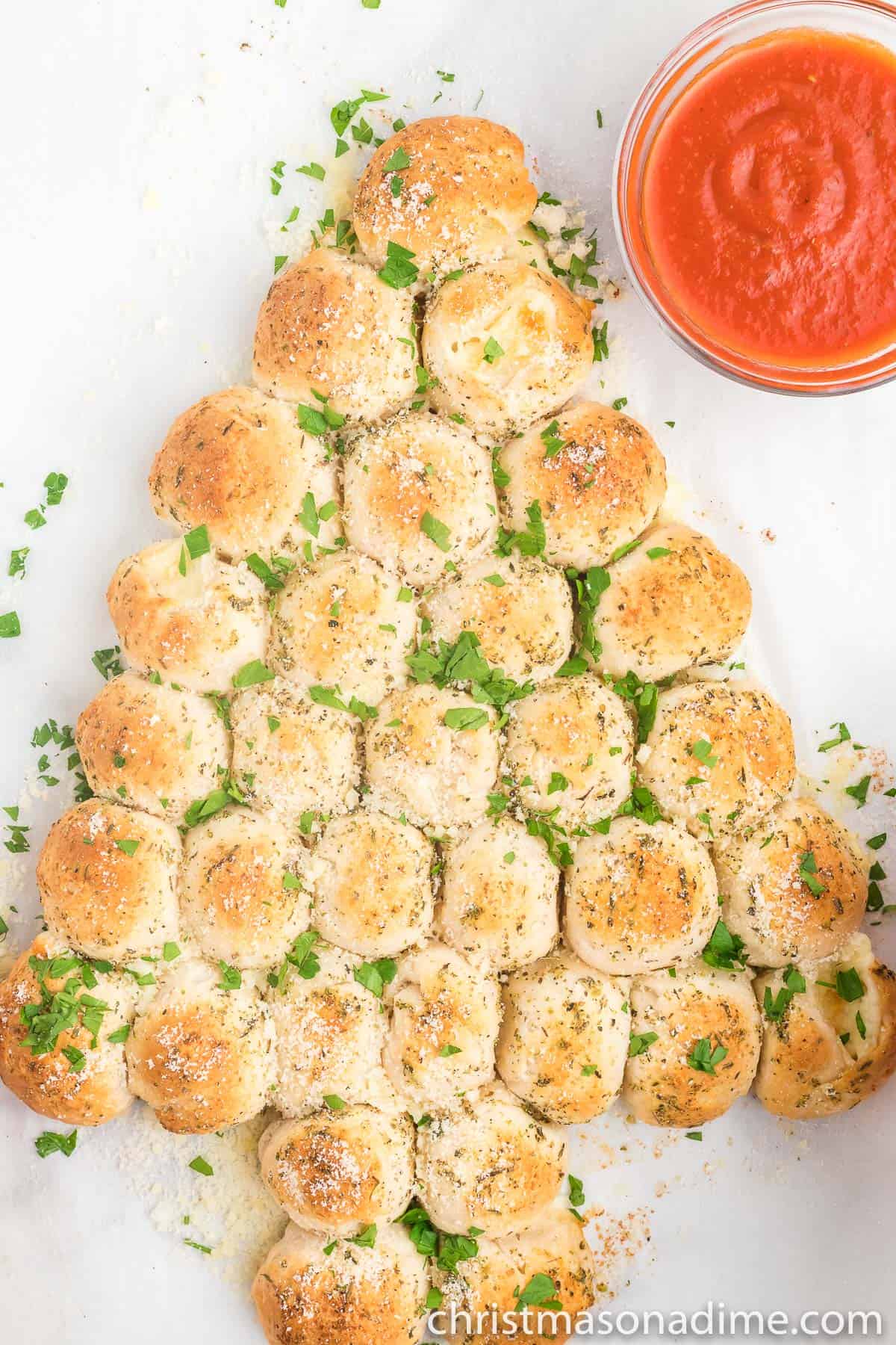 Overhead view of Christmas tree pull apart bread.