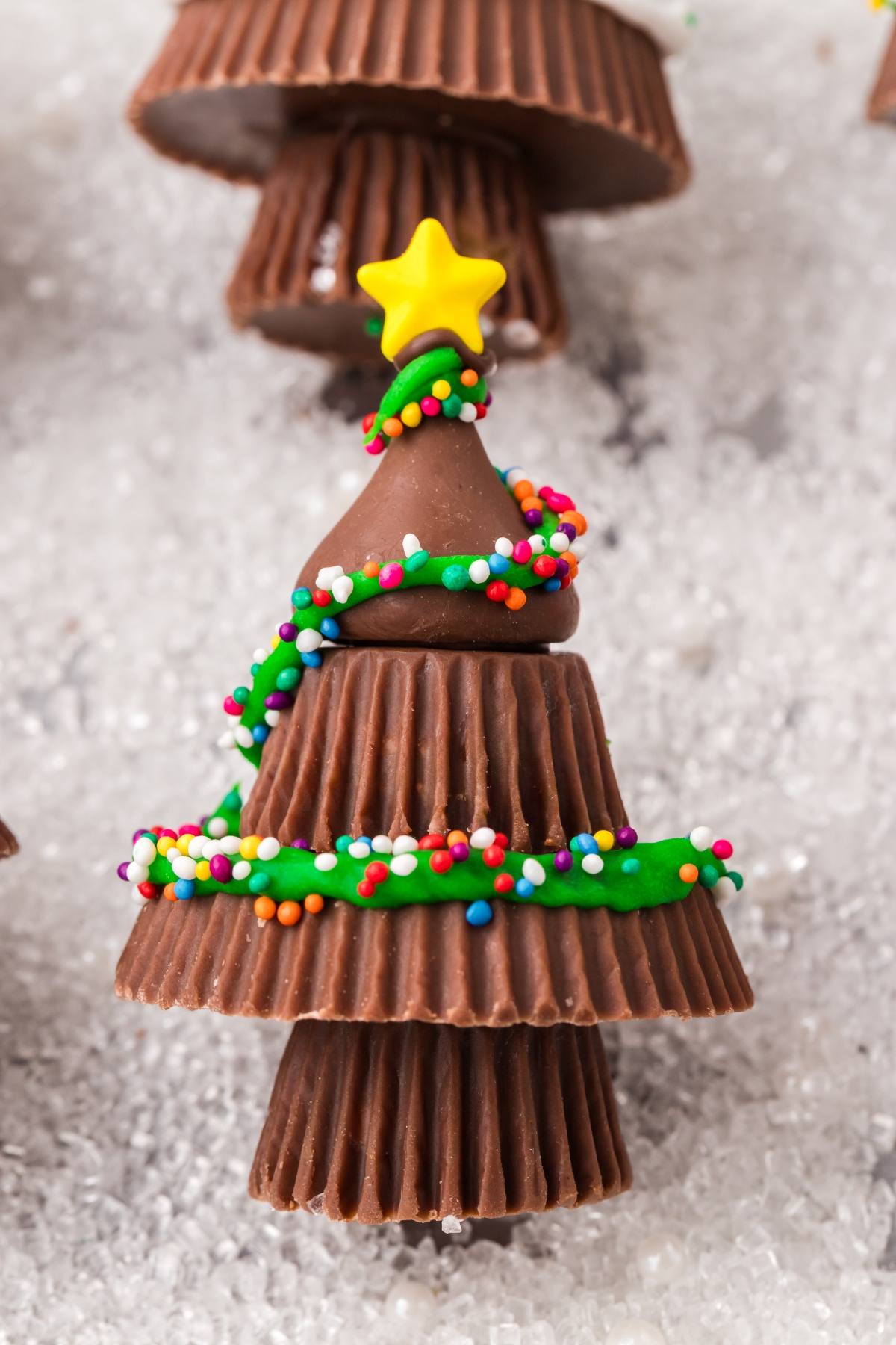 Close up image of peanut butter cup Christmas trees.