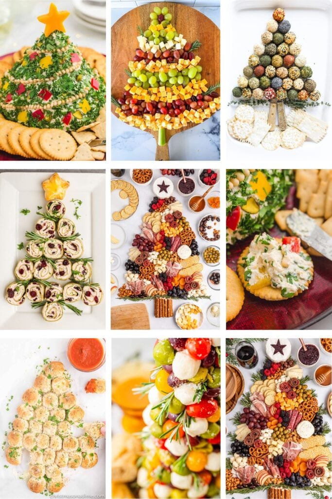 Photo collage with Christmas tree appetizers.