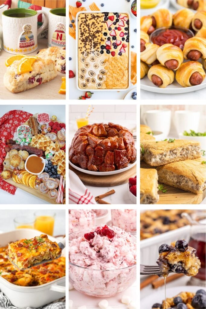 Photo collage with Christmas brunch recipes.