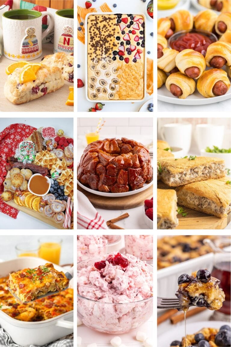 Photo collage with Christmas brunch recipes.