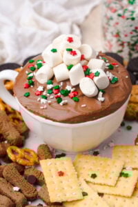 Hot cocoa dip in bowl with mini marshmallows and holiday sprinkles.