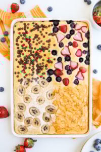 Overhead view of sheet pan pancakes.