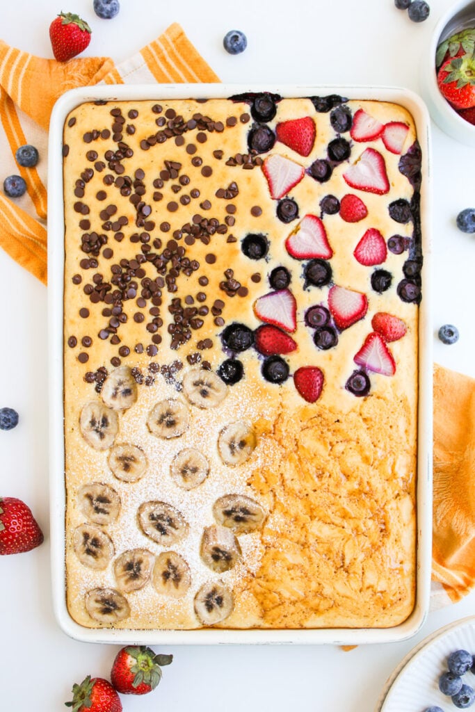 Overhead view of sheet pan pancakes.
