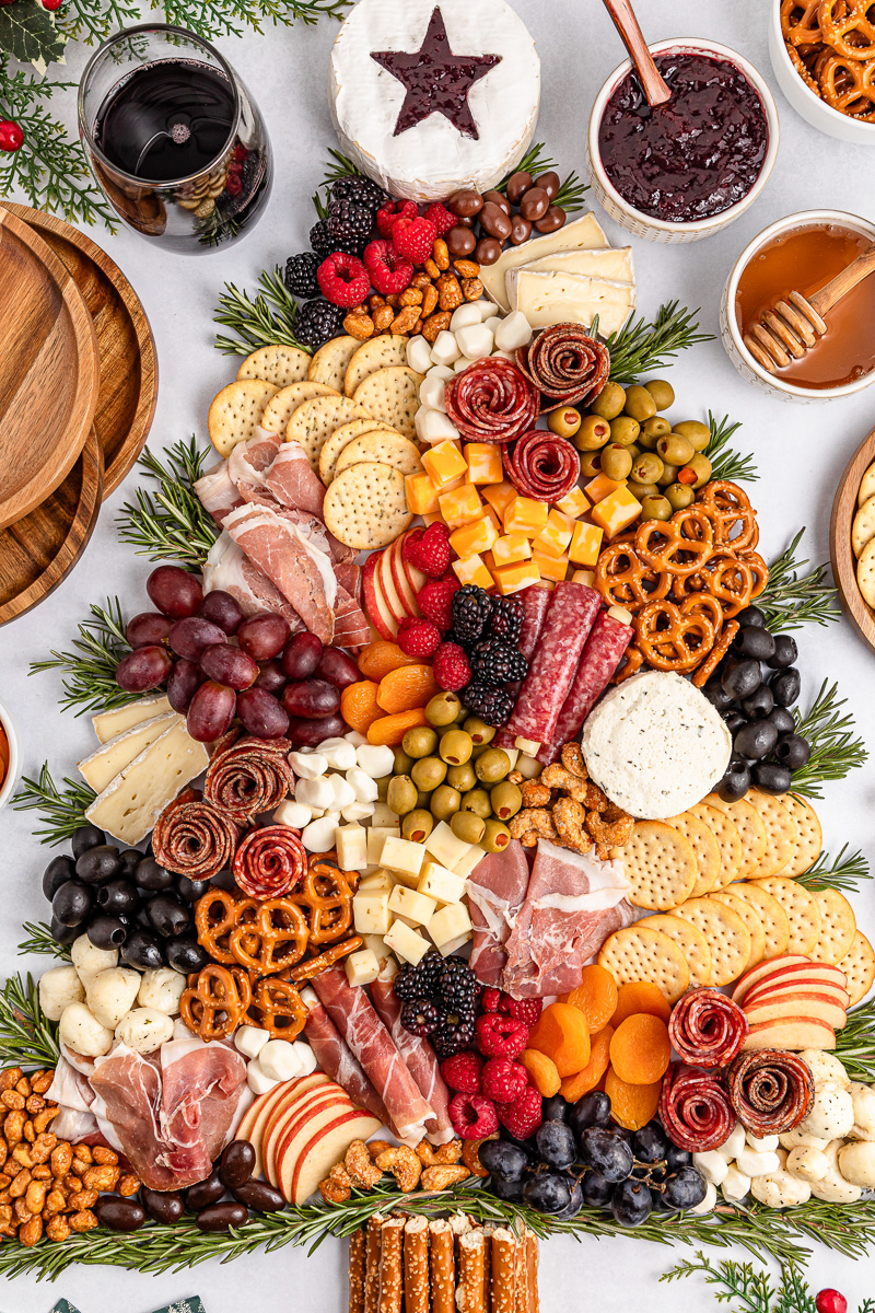 Overhead view of Christmas tree charcuterie board.