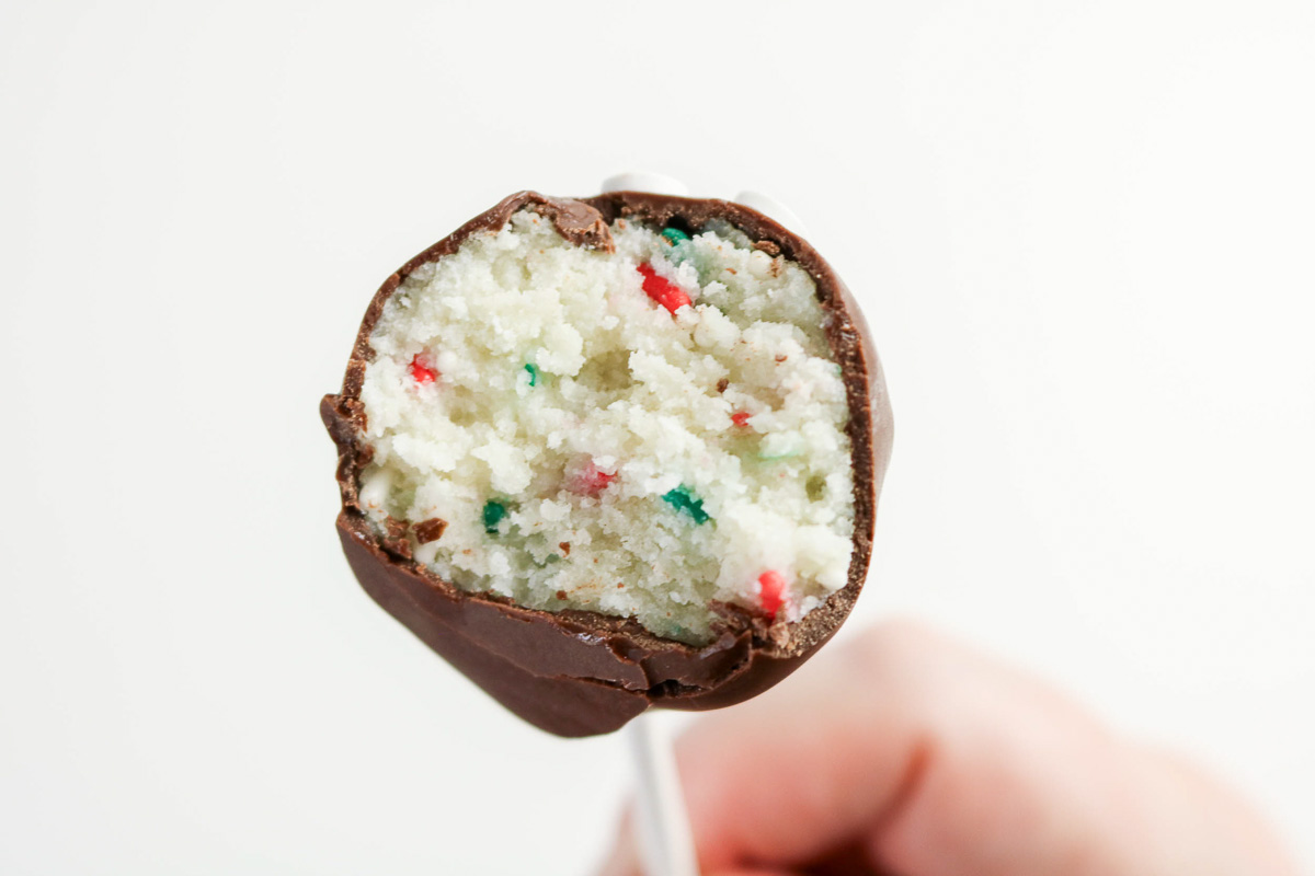 Bite shot of reindeer cake balls.