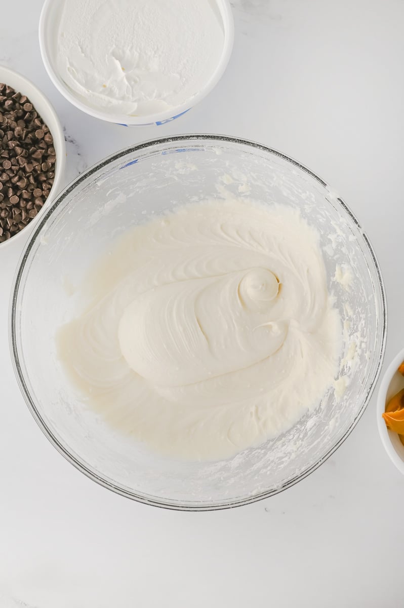 Ingredients are beaten together in glass mixiing bowl.