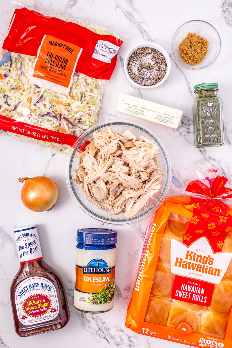 Ingredients for bbq chicken sliders preppred on counter.