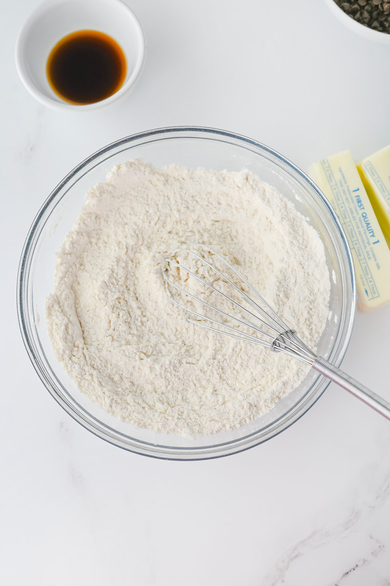 Dry ingredients in mixing bowl with whisk.