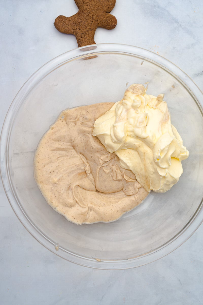 Whiped cream is added to the cream cheese mixture.