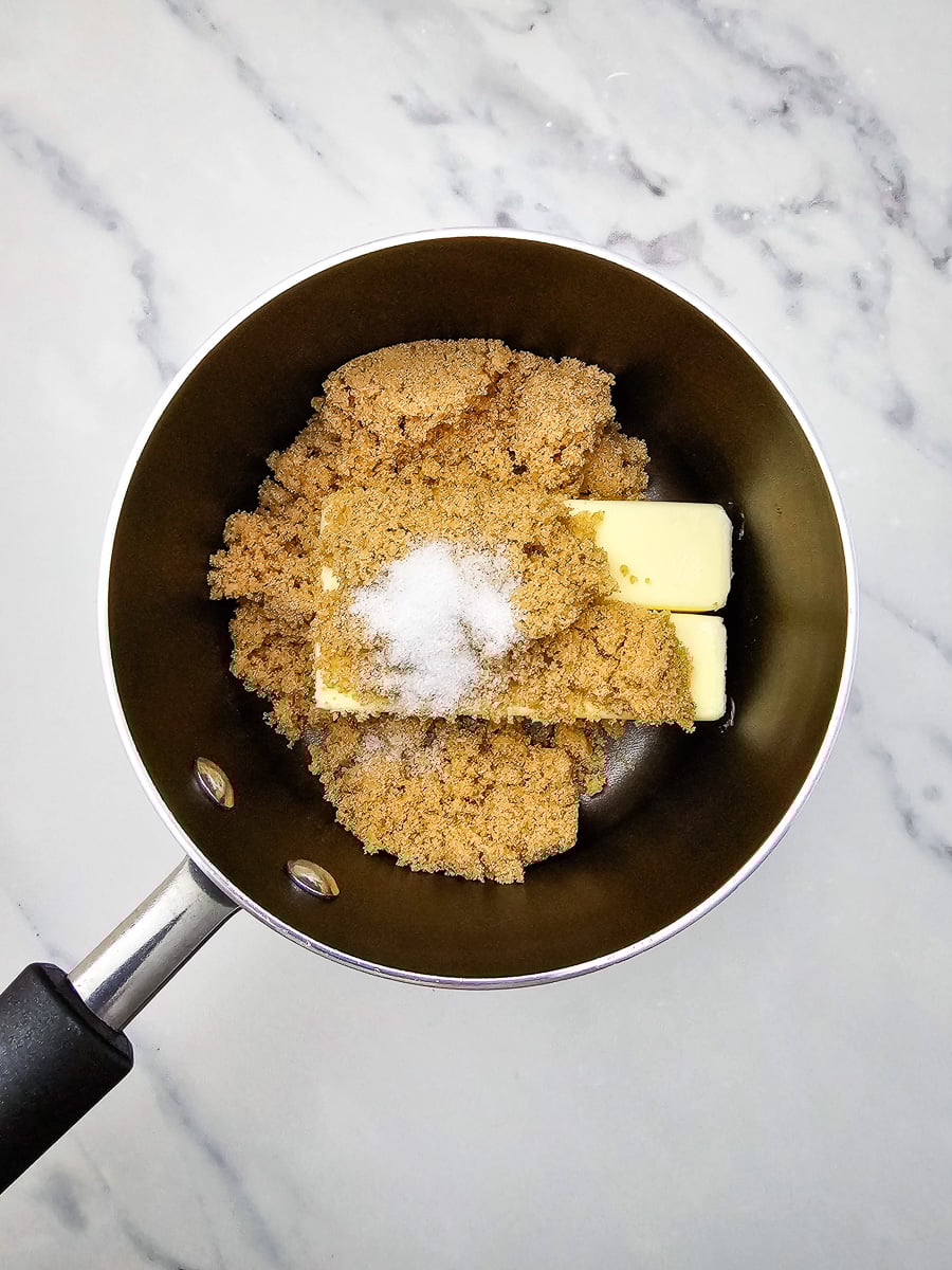 Brown sugar and butter in saucepan.