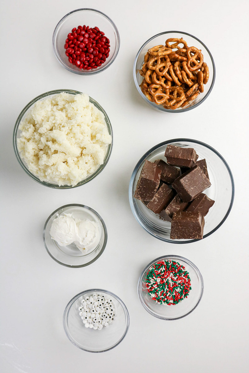 Ingredients for reindeer cake pops laid out on counter in preparation for the recipe.