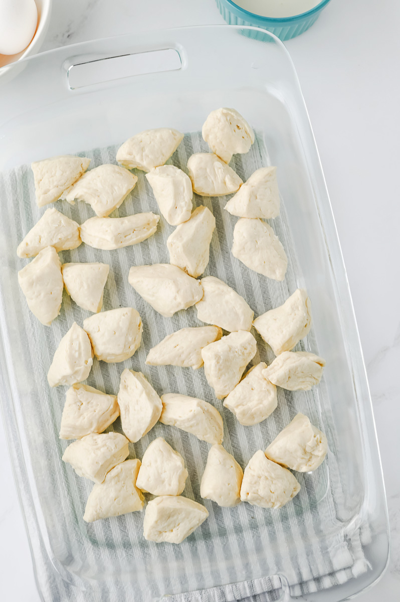 Biscuits are chopped into pieces.