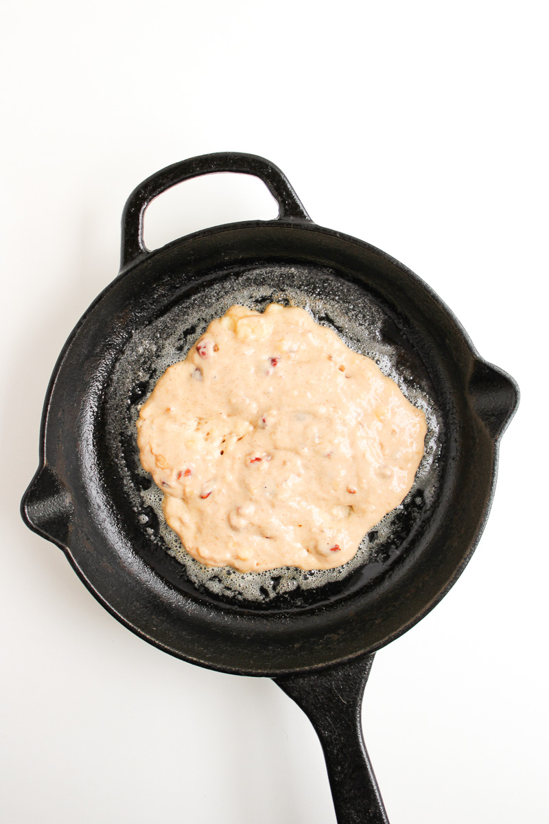 Pancake batter in griddle cooking.