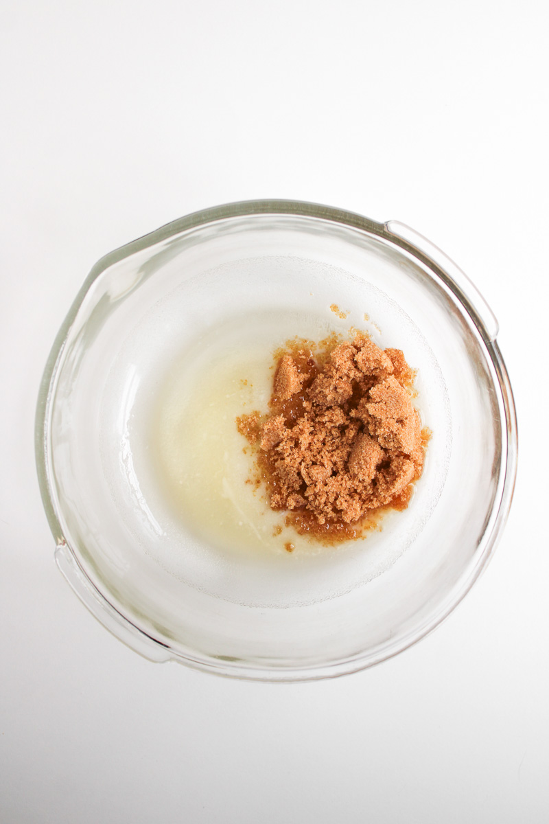 Melted butter and brown sugar in mixing bowl.