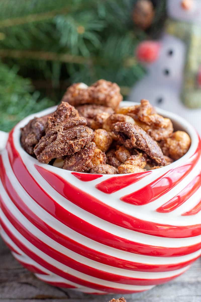 Roasted cinnamon sugar spiced nuts in a festive bowl.