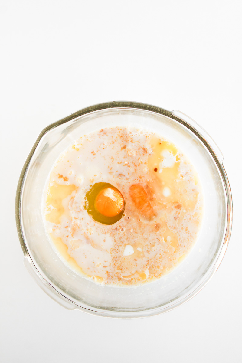 First set of ingredients for pancake batter in mixing bowl.