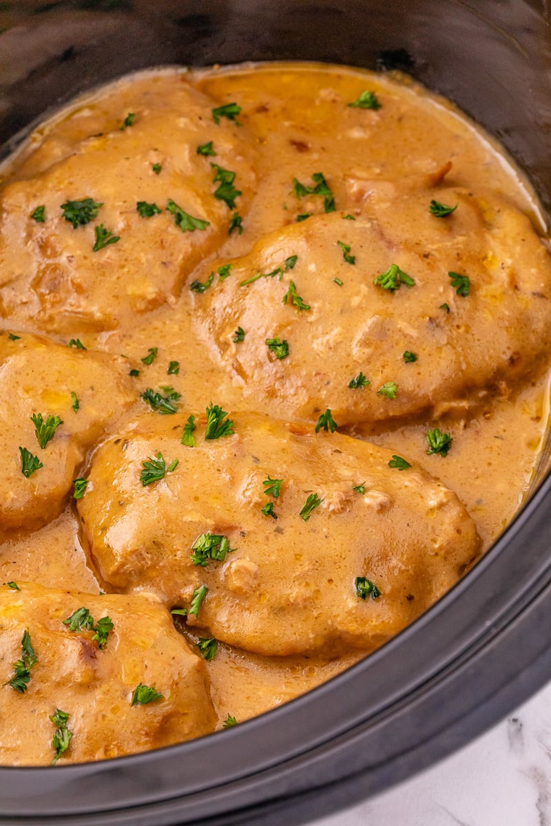 Crockpot ranch pork chops cooked in slow cooker.