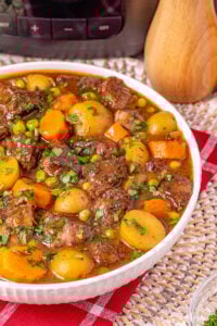 Beef stew served in a white bowl.