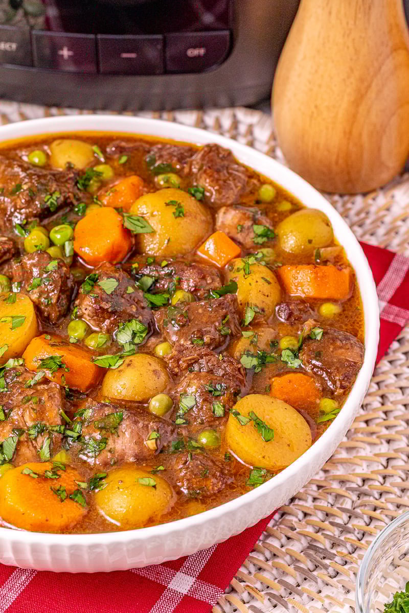 Beef stew served in a white bowl.
