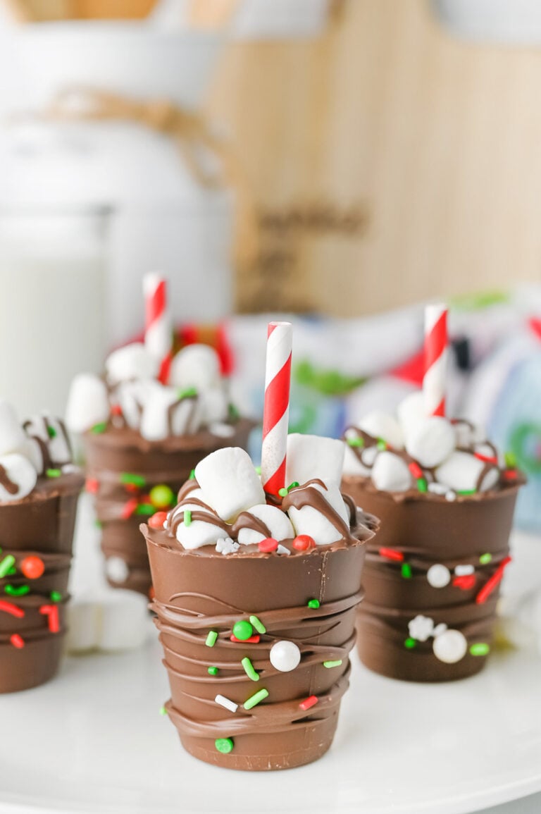 Hot chocolate on a stick on counter.