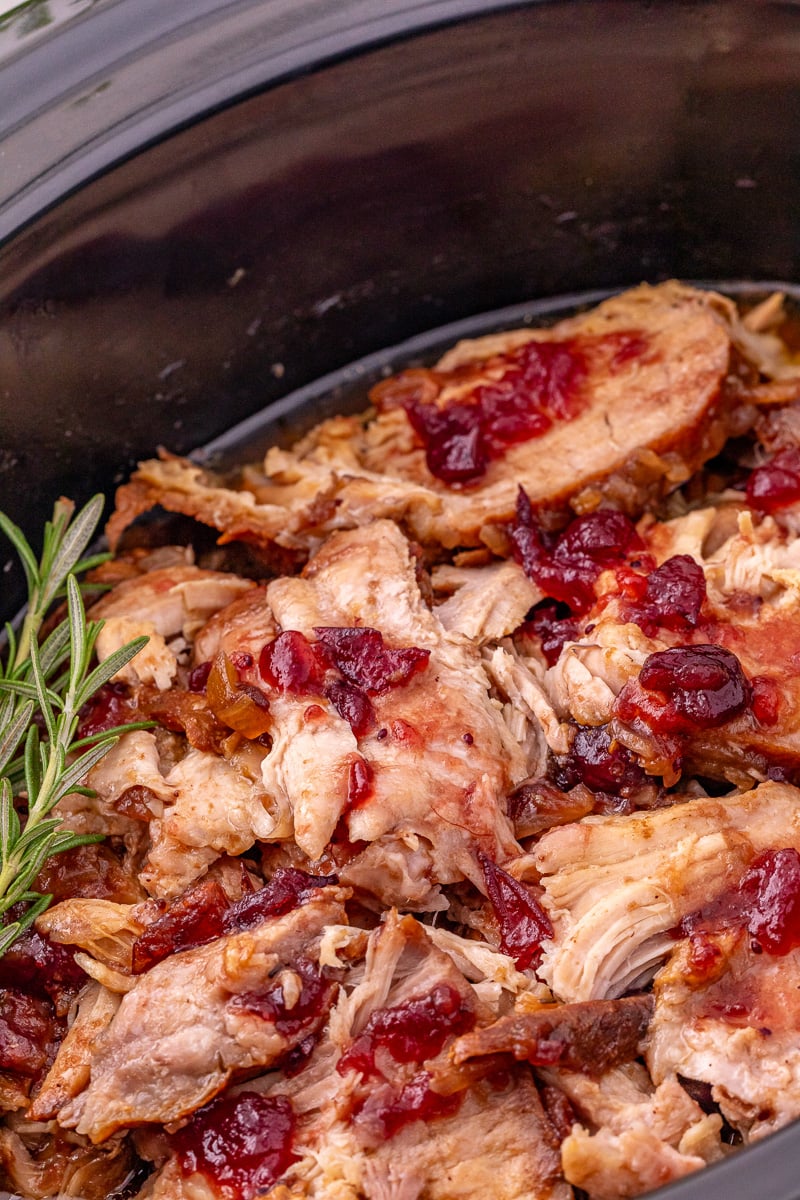 Crockpot pork loin in crockpot.