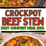 Photo collage with beef stew served in a bowl.