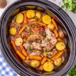 Crockpot pork roast overhead view in slow cooker.