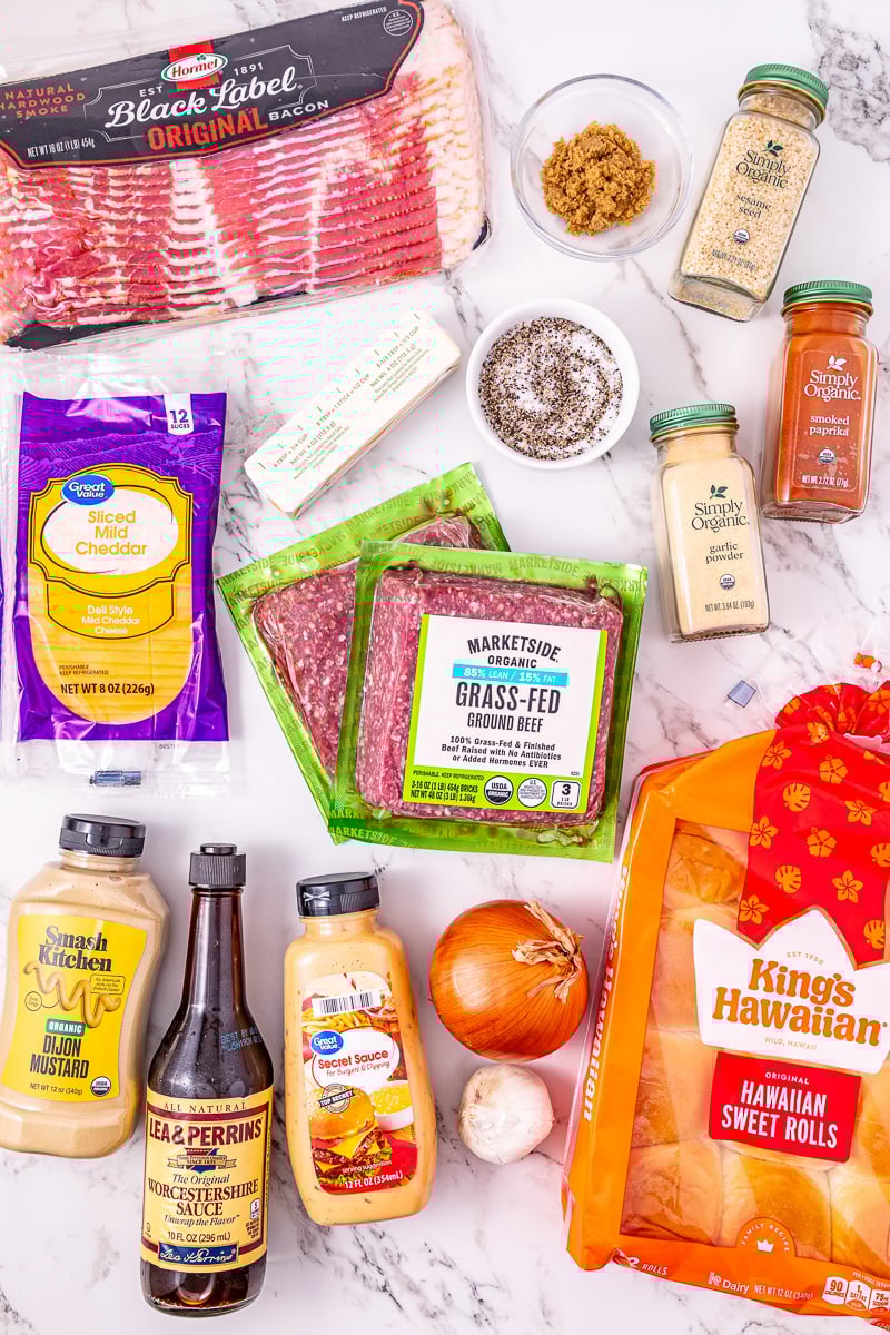 Ingredients for bacon cheeseburger sliders laid out on counter in preparation for the recipe.