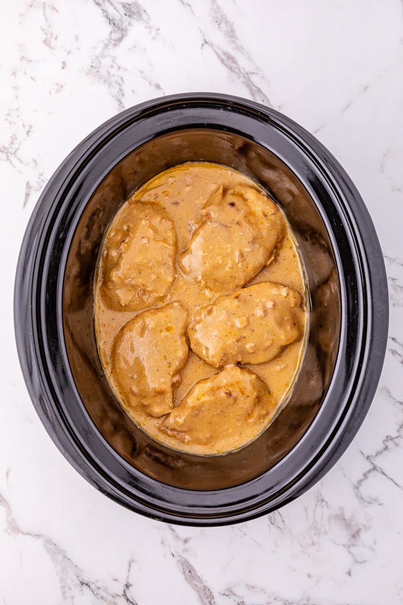 Cooked ranch pork chops in slow cooker ready to be served.