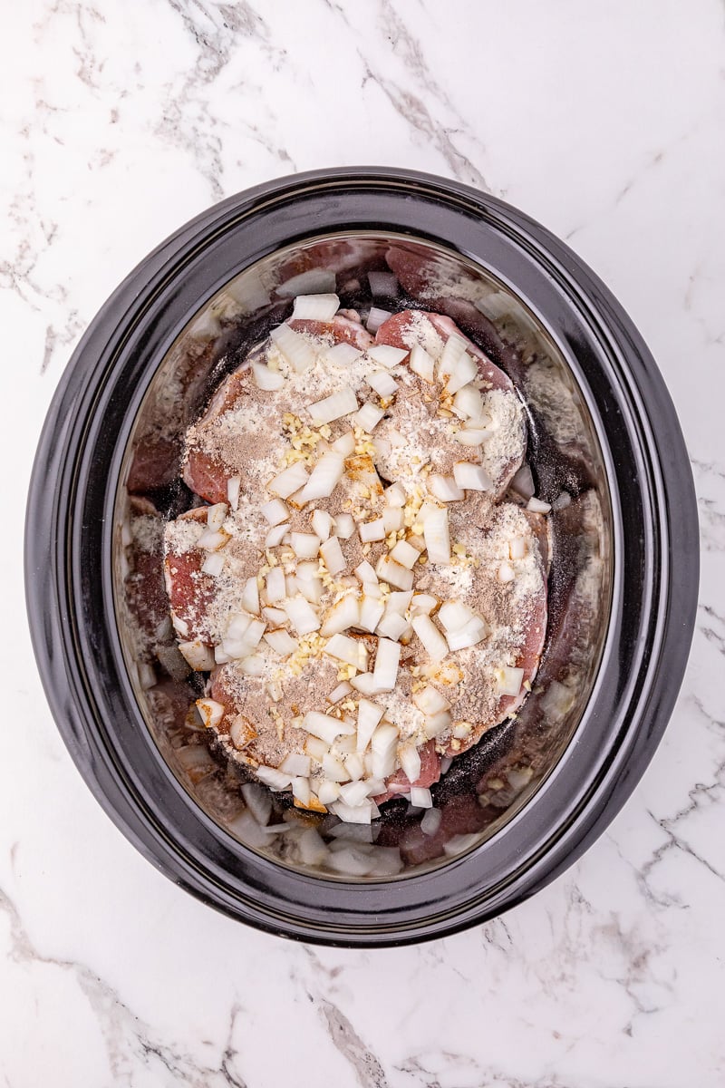 First set of ingredients in crockpot.