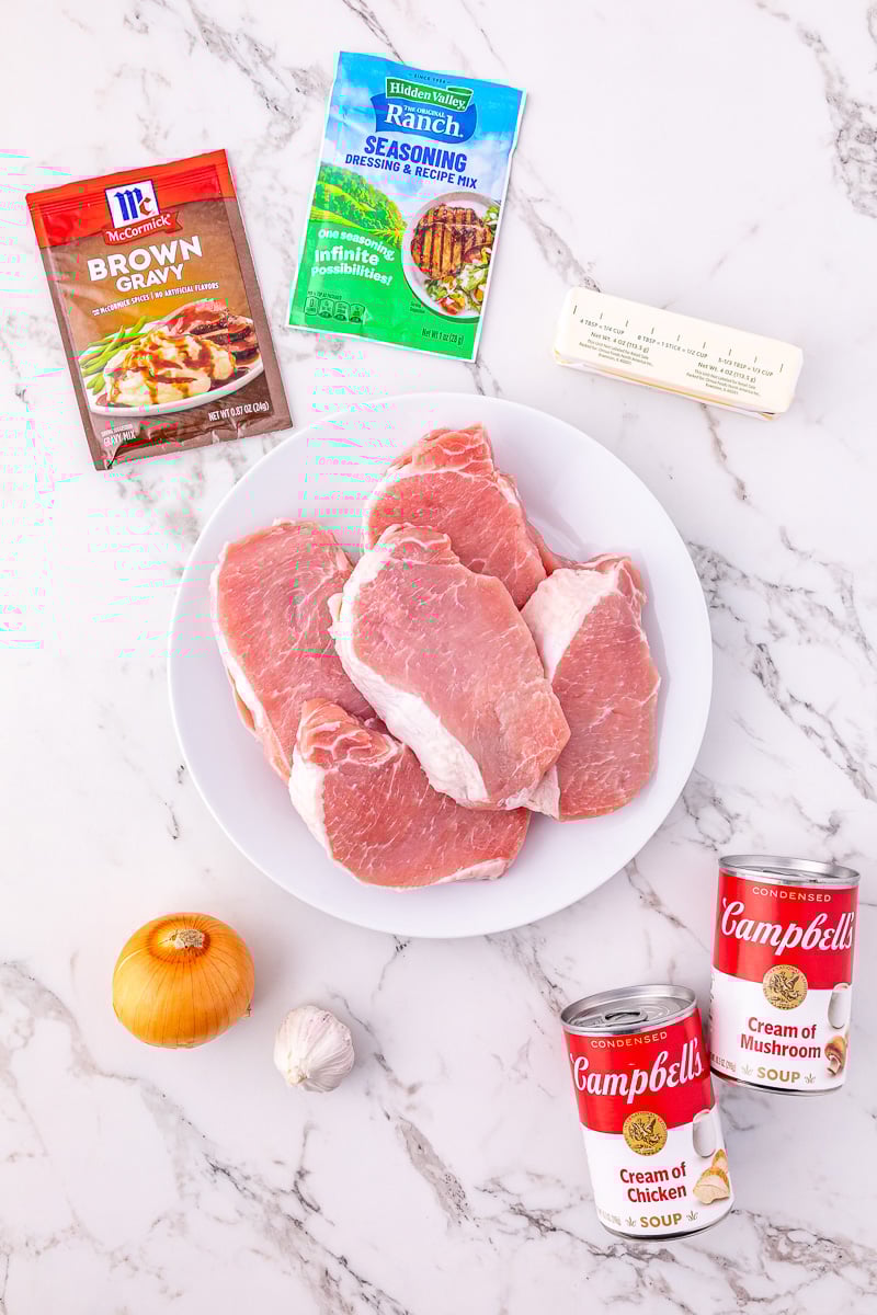 Ingredients for ranch pork chops laid out on kitchen counter in preparation for the recipe.