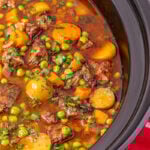 Crockpot beef stew overhead view.