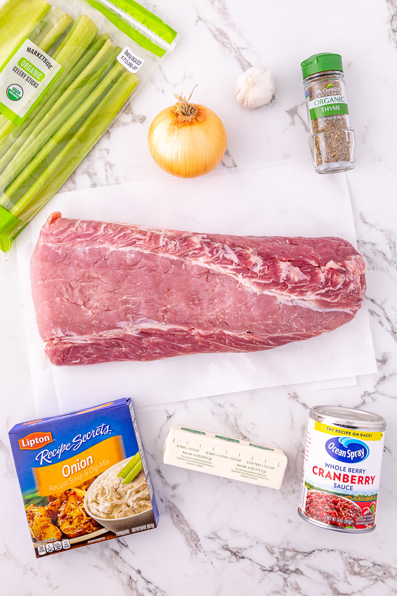 Crockpot pork loin ingredients laid out on counter in preparation for the recipe.