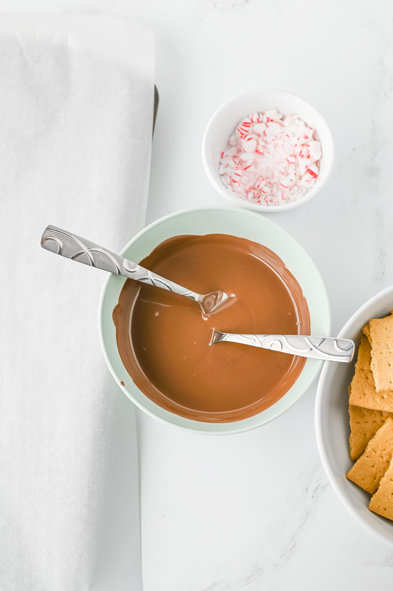 Milk chocolate is melted in white bowl.