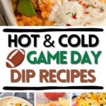 Photo collage with game day dip recipes.