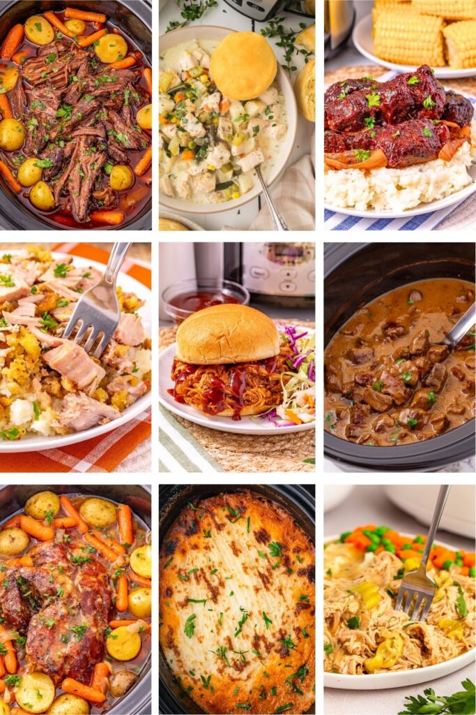 Photo collage with crockpot comfort food recipes for Sunday dinner.