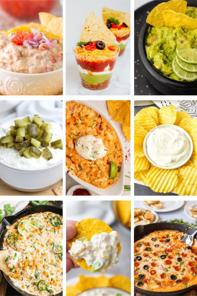 Photo collage with various game day dip ideas.