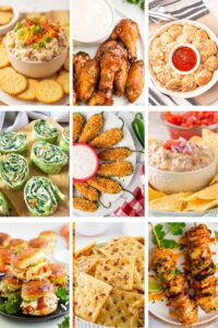 Photo collage with game day appetizers.