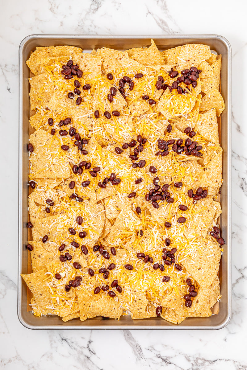 Shreded cheese and black beans are sptread on top of the nachos.