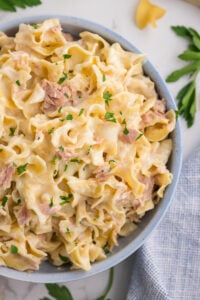 Homemade tuna helper served in bowl.