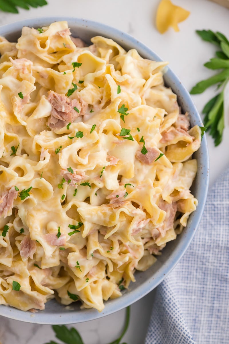 Homemade tuna helper served in bowl.