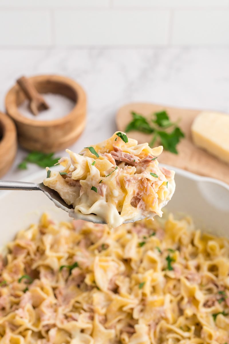 Spoonful of creamy homemade tuna helper with noodles and tuna lifted from the dish.