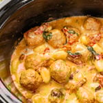 Crockpot tuscan chicken meatballs with gnocchi.