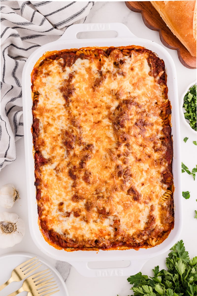 Finished dish of bolognese pasta bake.