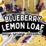 Photo collage with blueberry lemon loaf sliced and served with glaze.