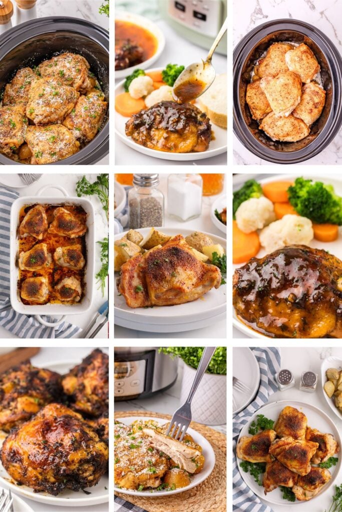 Photo collage with chicken thigh recipes.