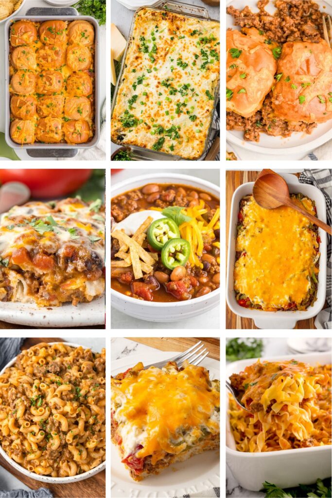 Photo collage with ground beef recipes.
