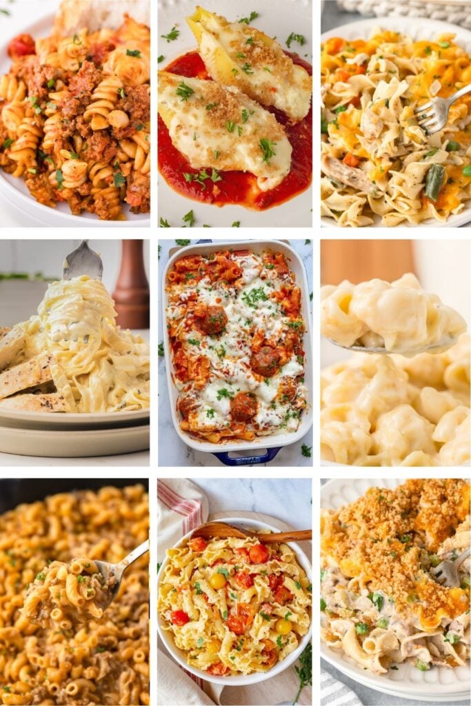 Photo collage with pasta dinner recipes.