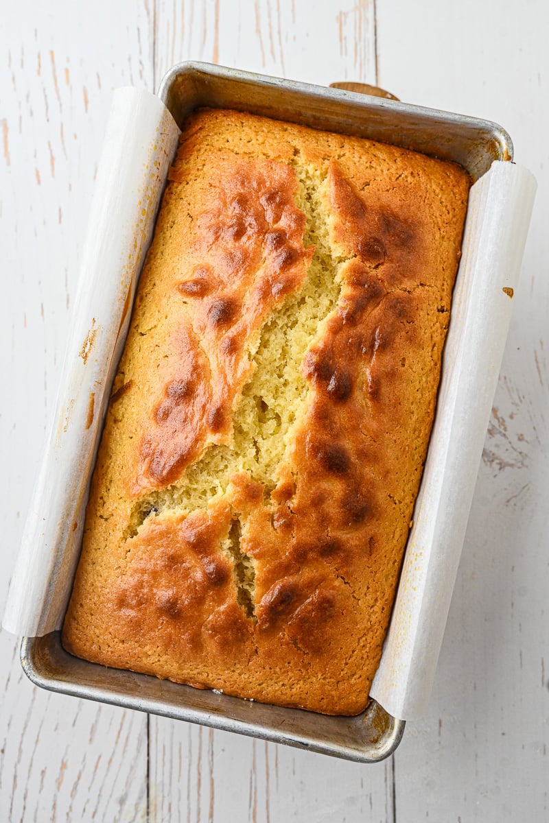 Baked lemon blueberry loaf fresh from the oven.